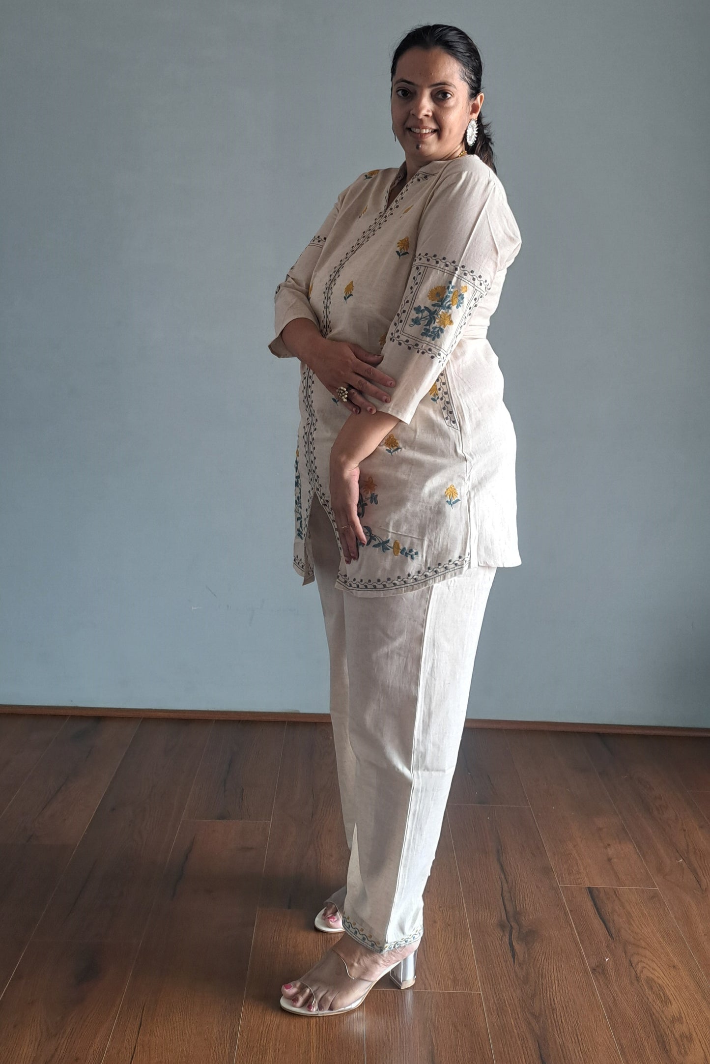 Off White khadi cotton Embroidered coord set for woman