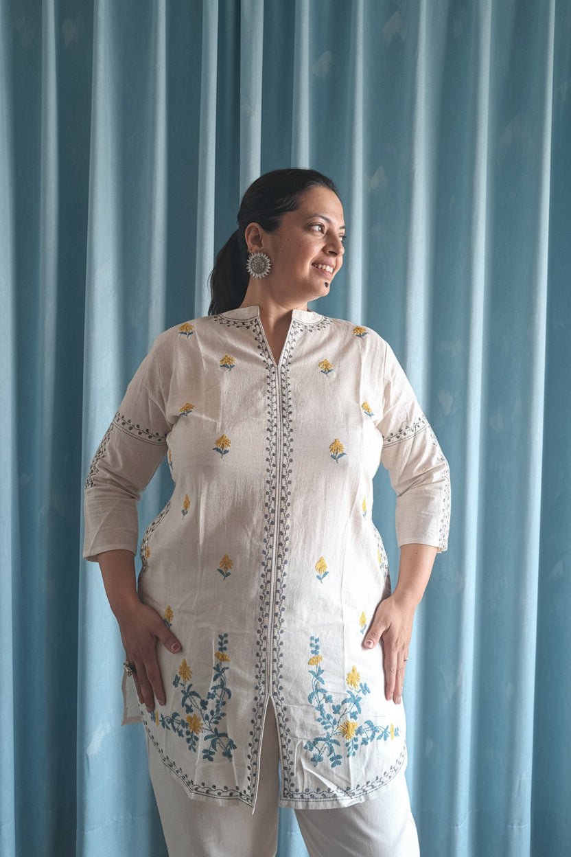 Off White khadi cotton Embroidered coord set for woman