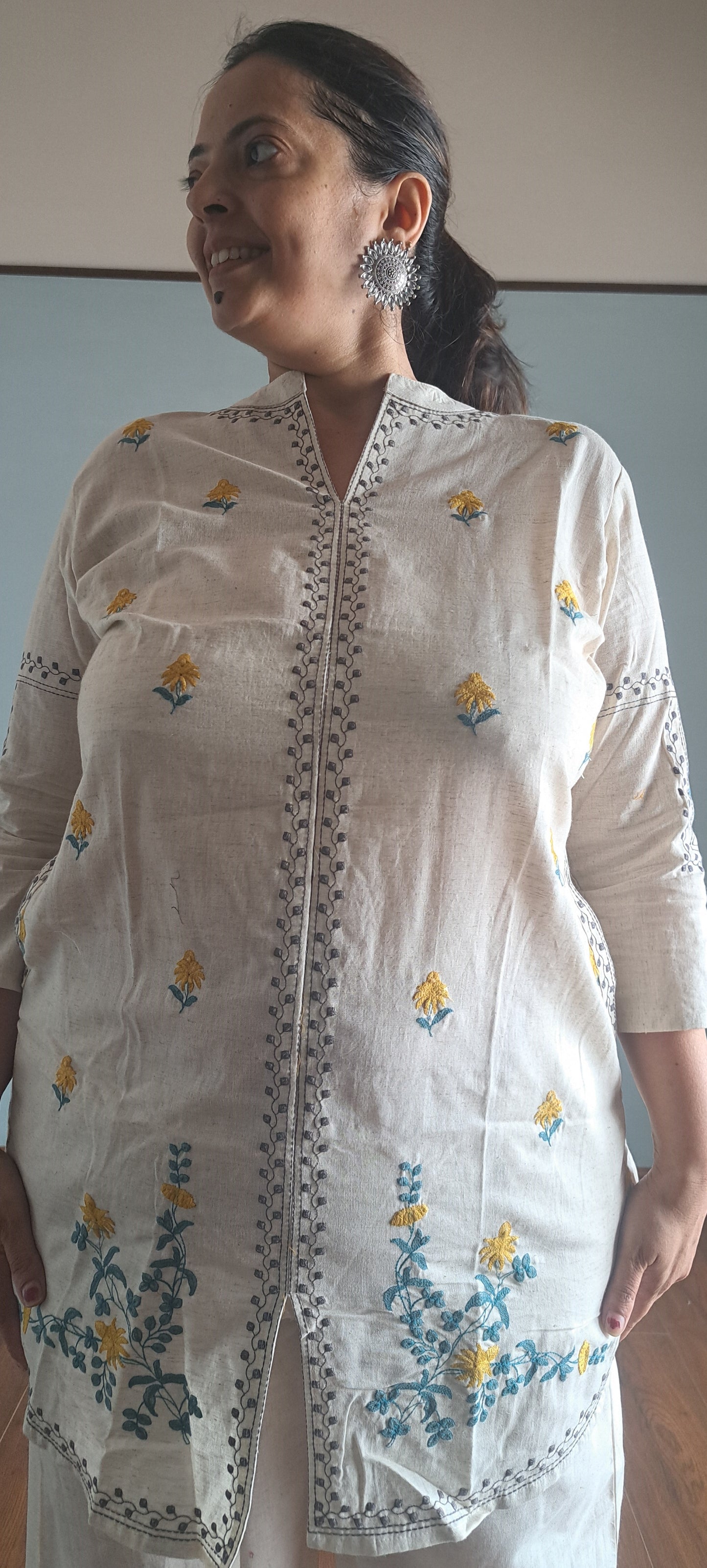 Off White khadi cotton Embroidered coord set for woman