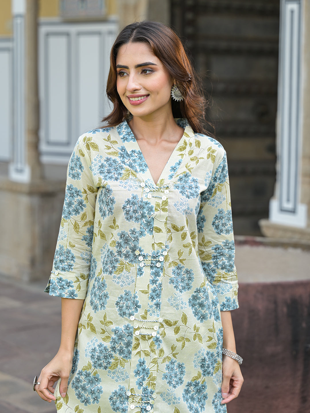 Blue and cream floral cotton kurta pant