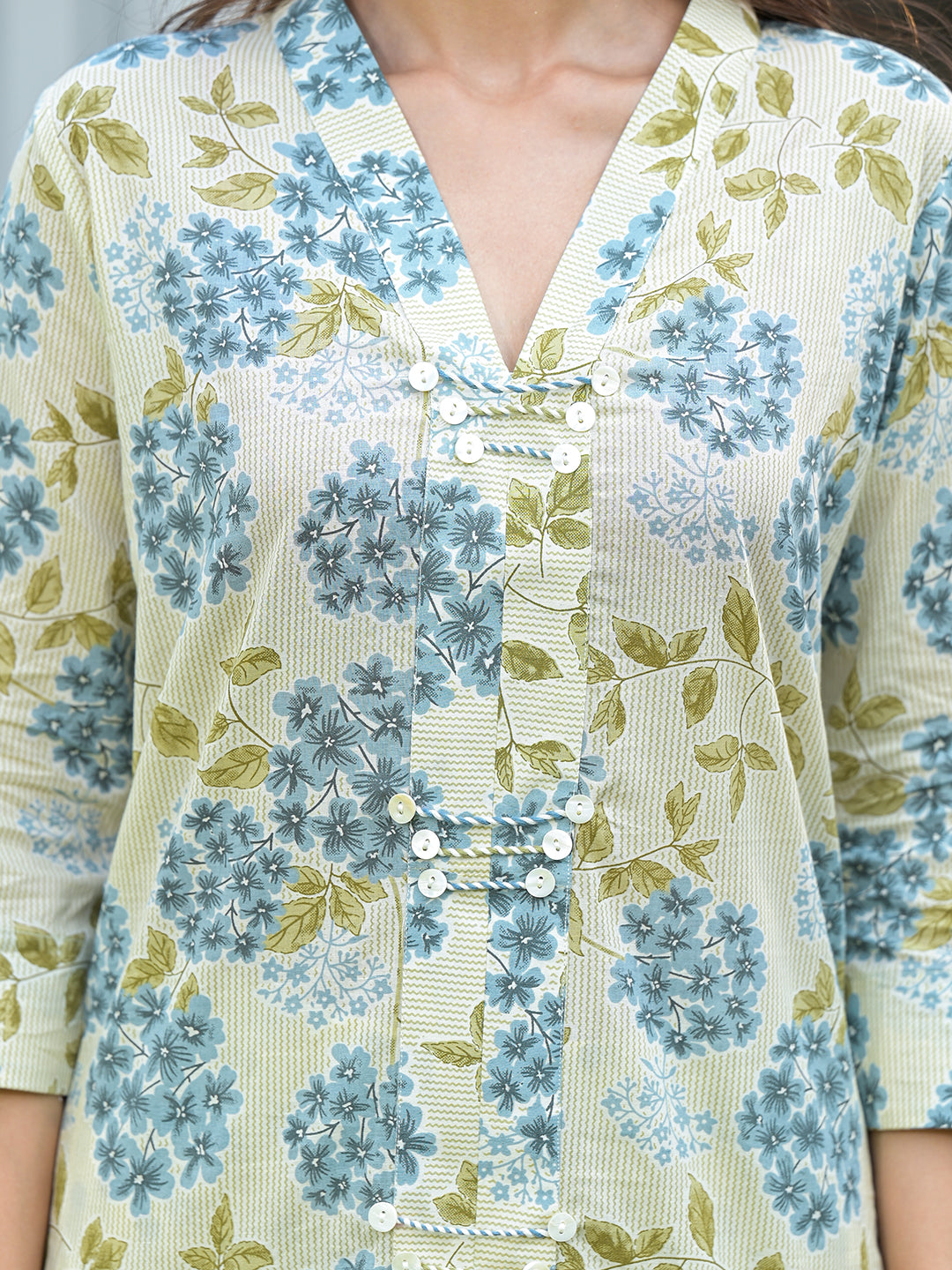 Blue and cream floral cotton kurta pant