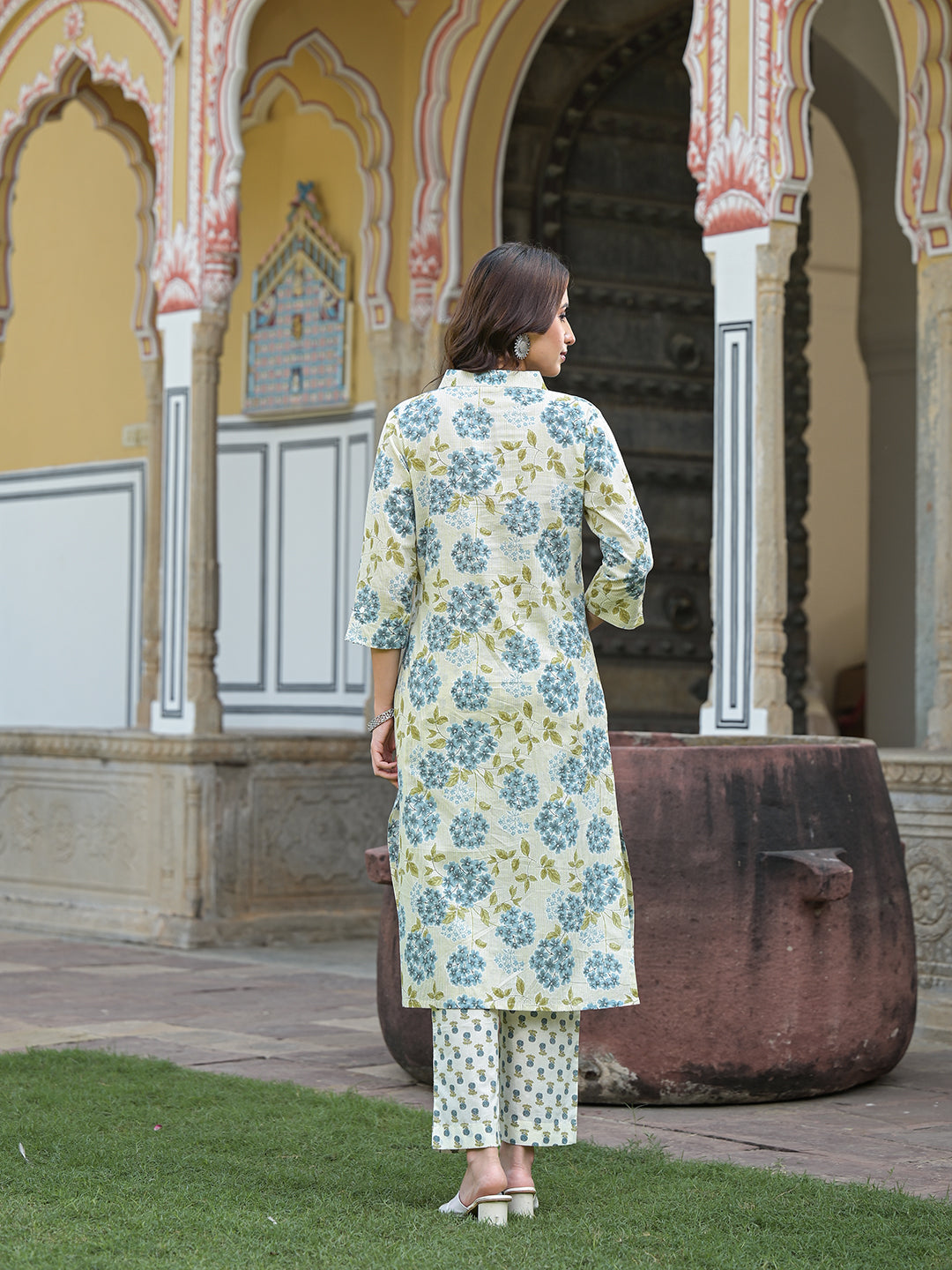 Blue and cream floral cotton kurta pant