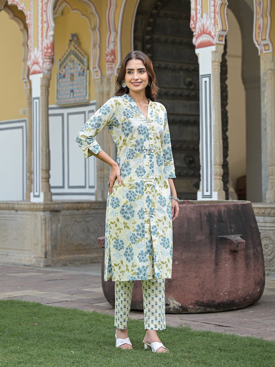 Blue and cream floral cotton kurta pant