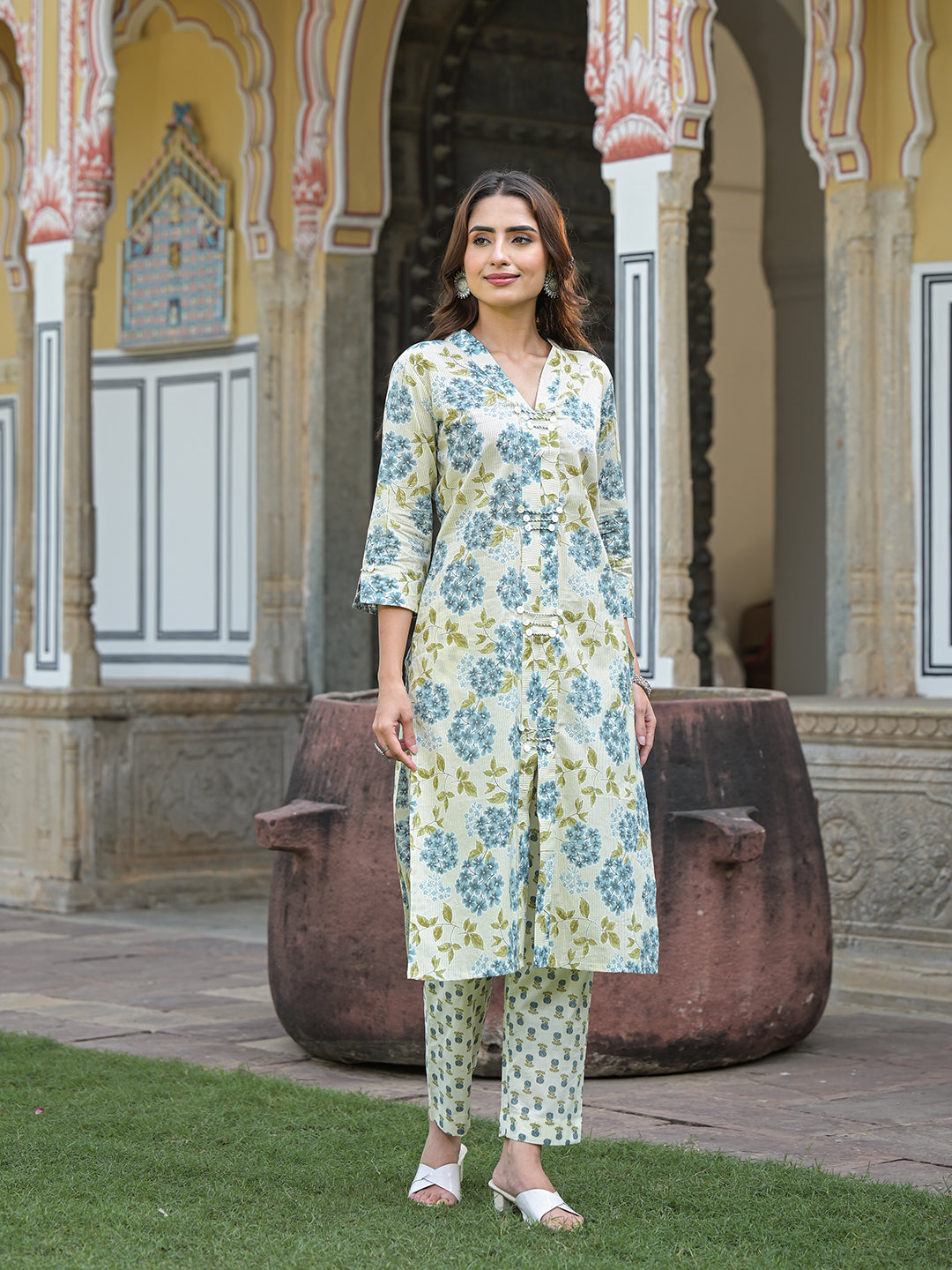 Blue and cream floral cotton kurta pant