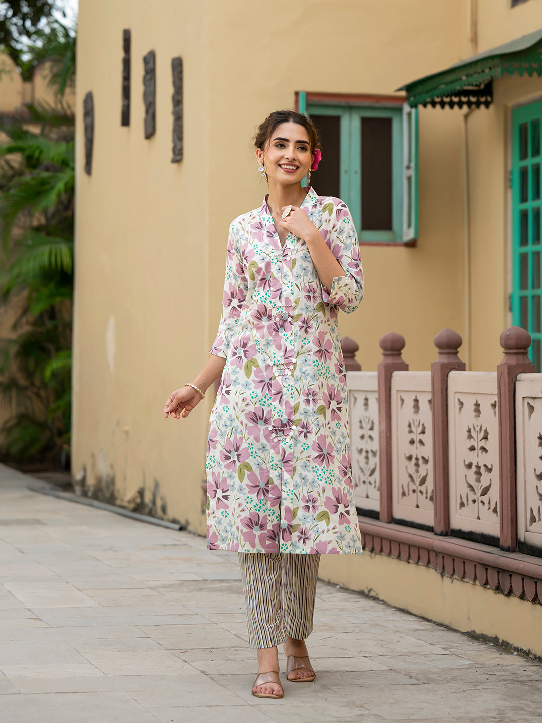 Lavender floral print cotton kurta pant
