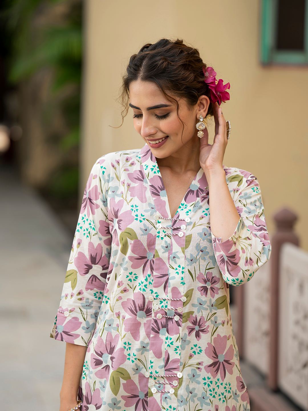Lavender floral print cotton kurta pant