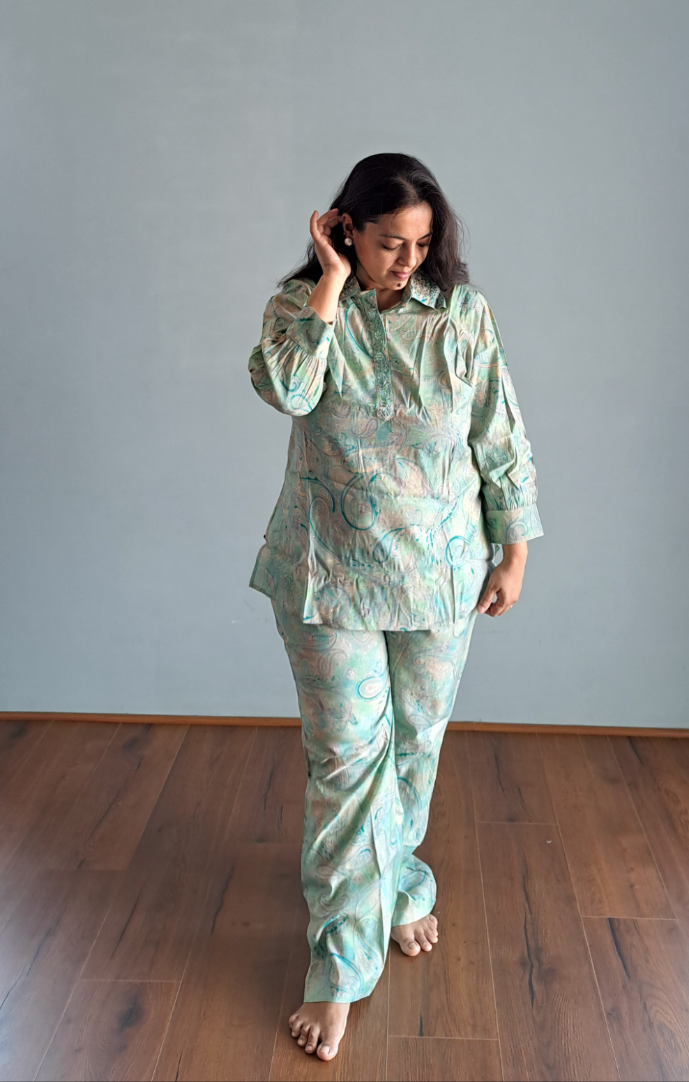 Azure Elegance: Sea Blue Muslin Co-ord Set with Embroidery