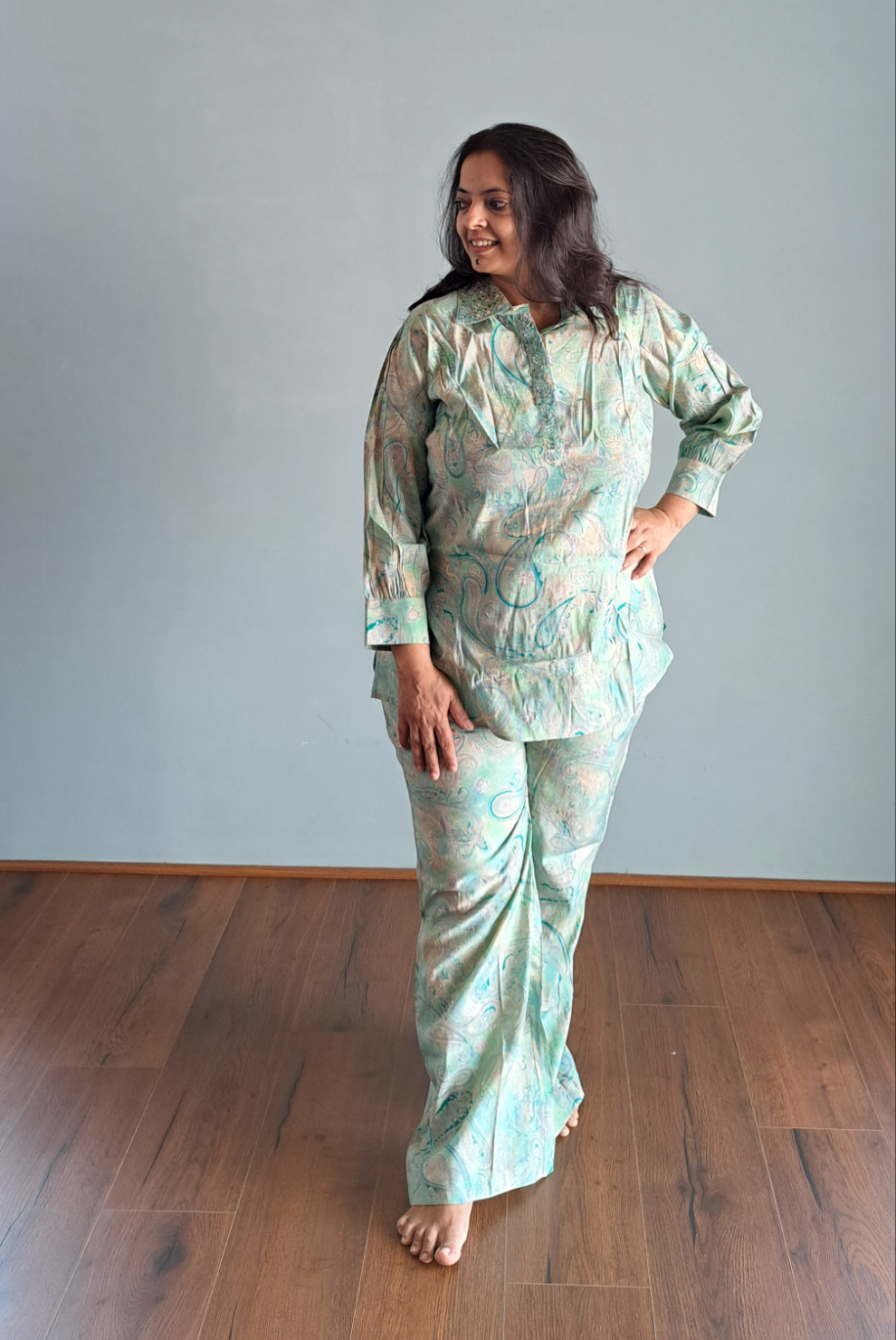 Azure Elegance: Sea Blue Muslin Co-ord Set with Embroidery