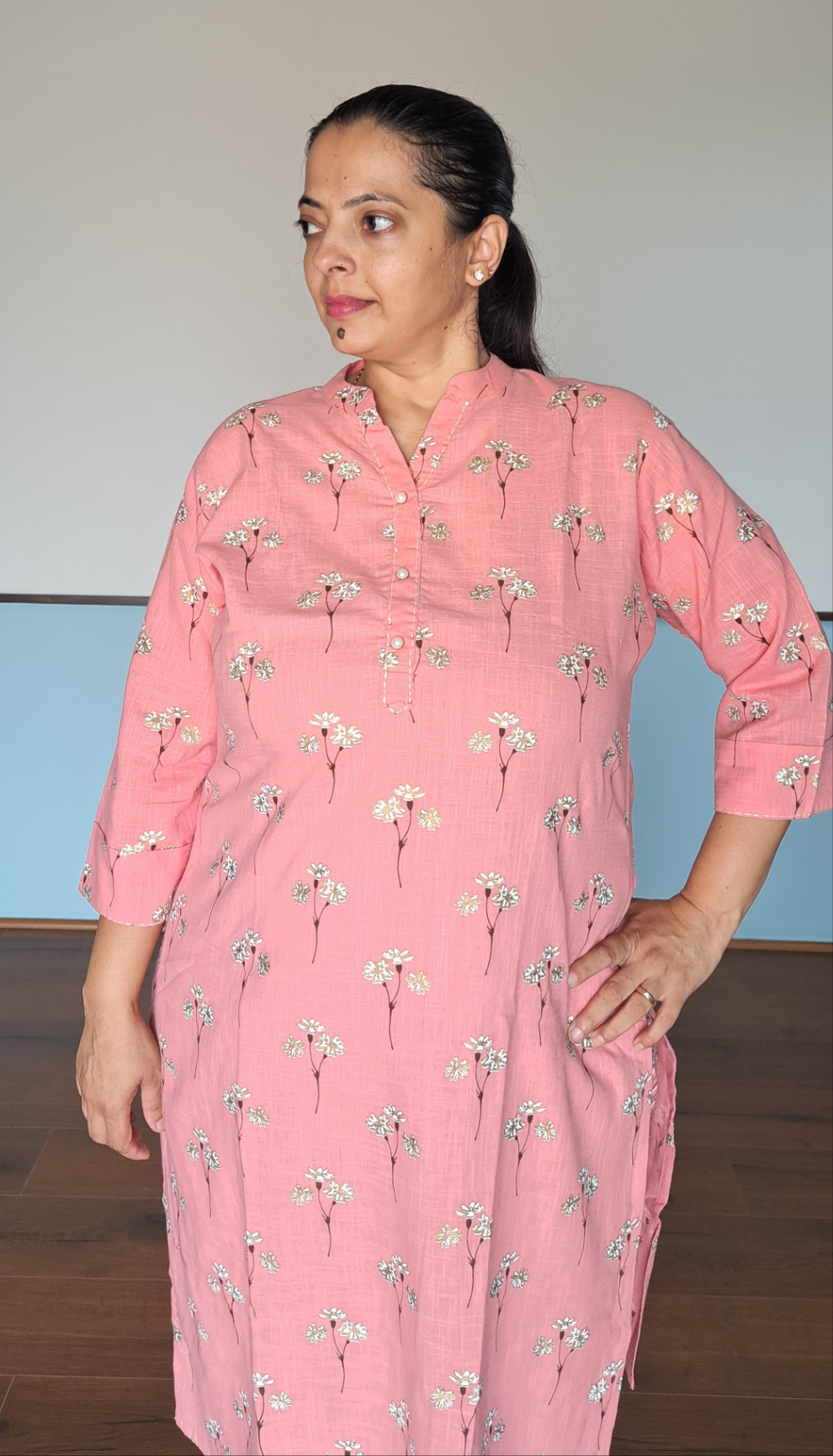 Pearl Essence: Pink Cotton Kurta Pant Set with Pearl Buttons