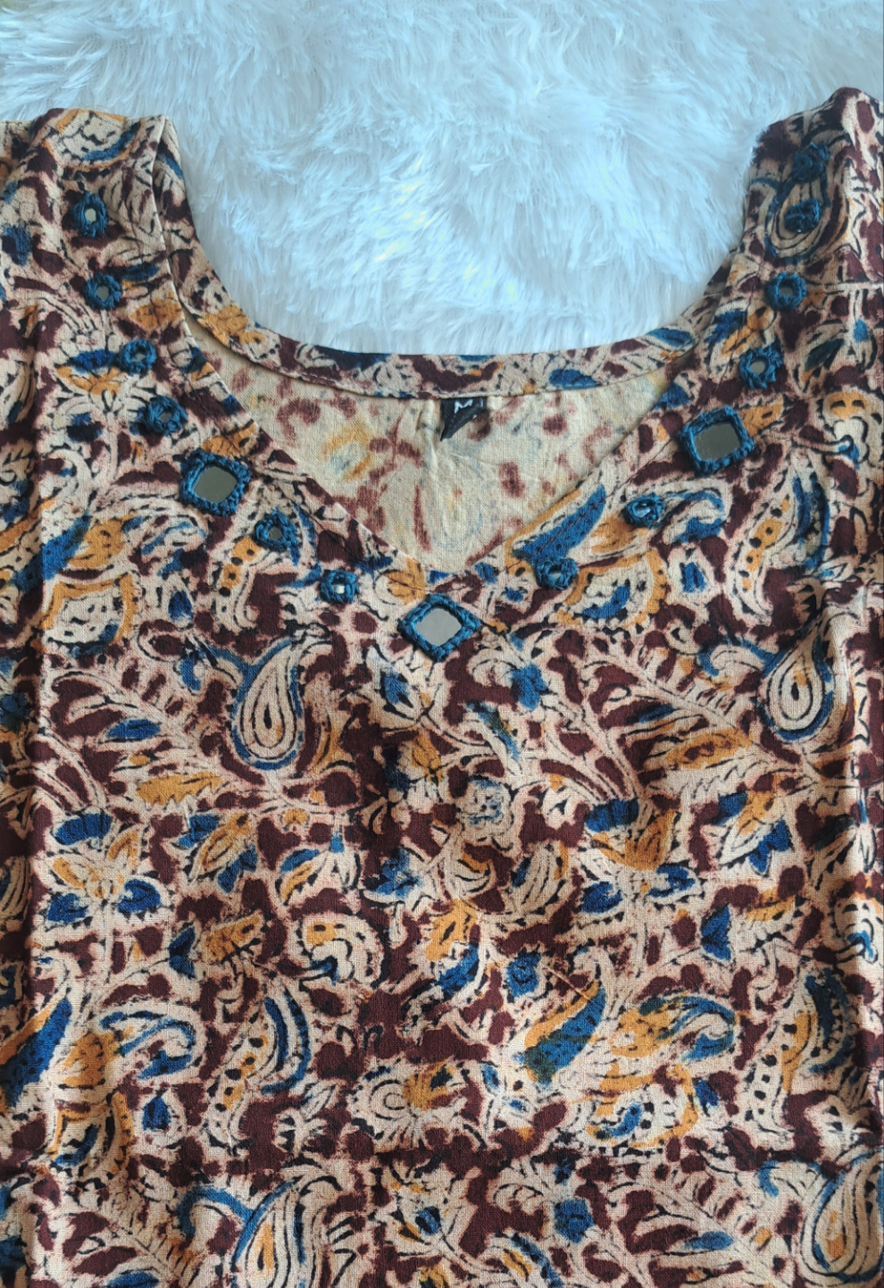 Mustered and maroon kalamkari cotton short top with mirror work