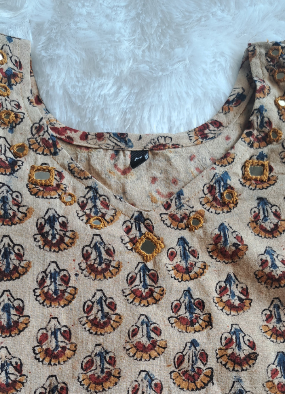 Cream kalamkari cotton short top with mirror work on neck