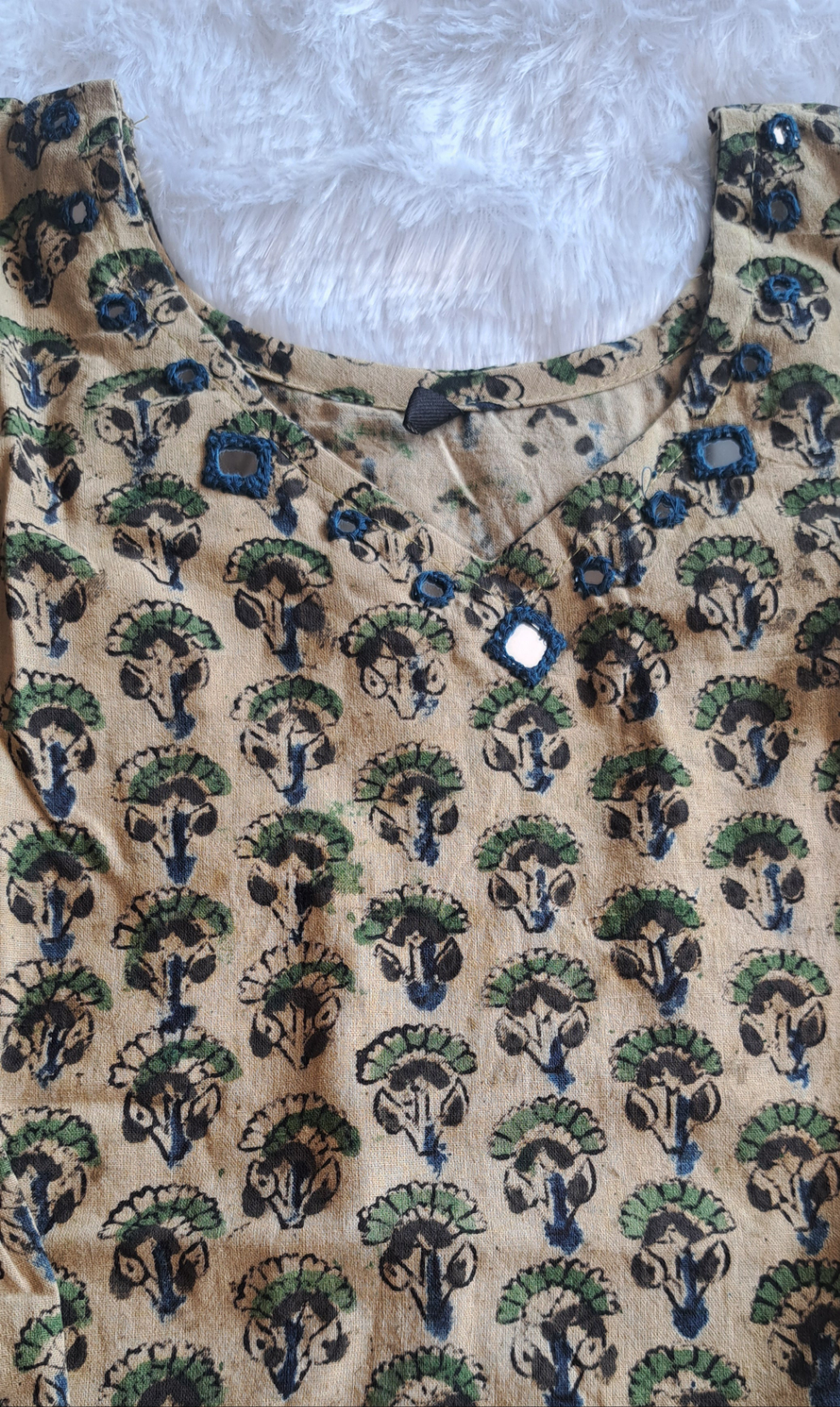 Light green kalamkari cotton short top with mirror work