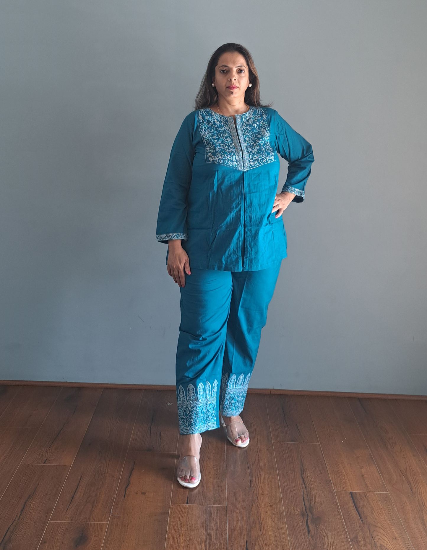 Teal Cotton Coords with embroidered