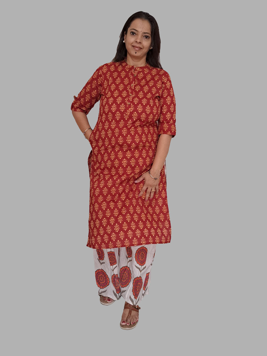 Radiant Fusion: Red and Yellow Cotton Kurti