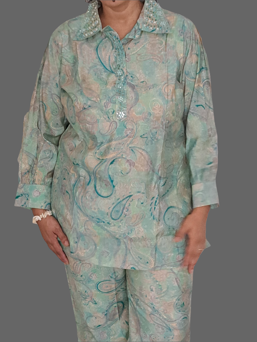 Azure Elegance: Sea Blue Muslin Co-ord Set with Embroidery