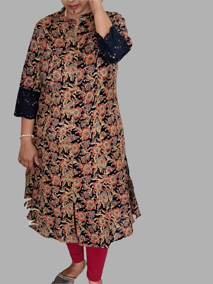 Royal Garden: Blue & Red Floral A-Line Kurti