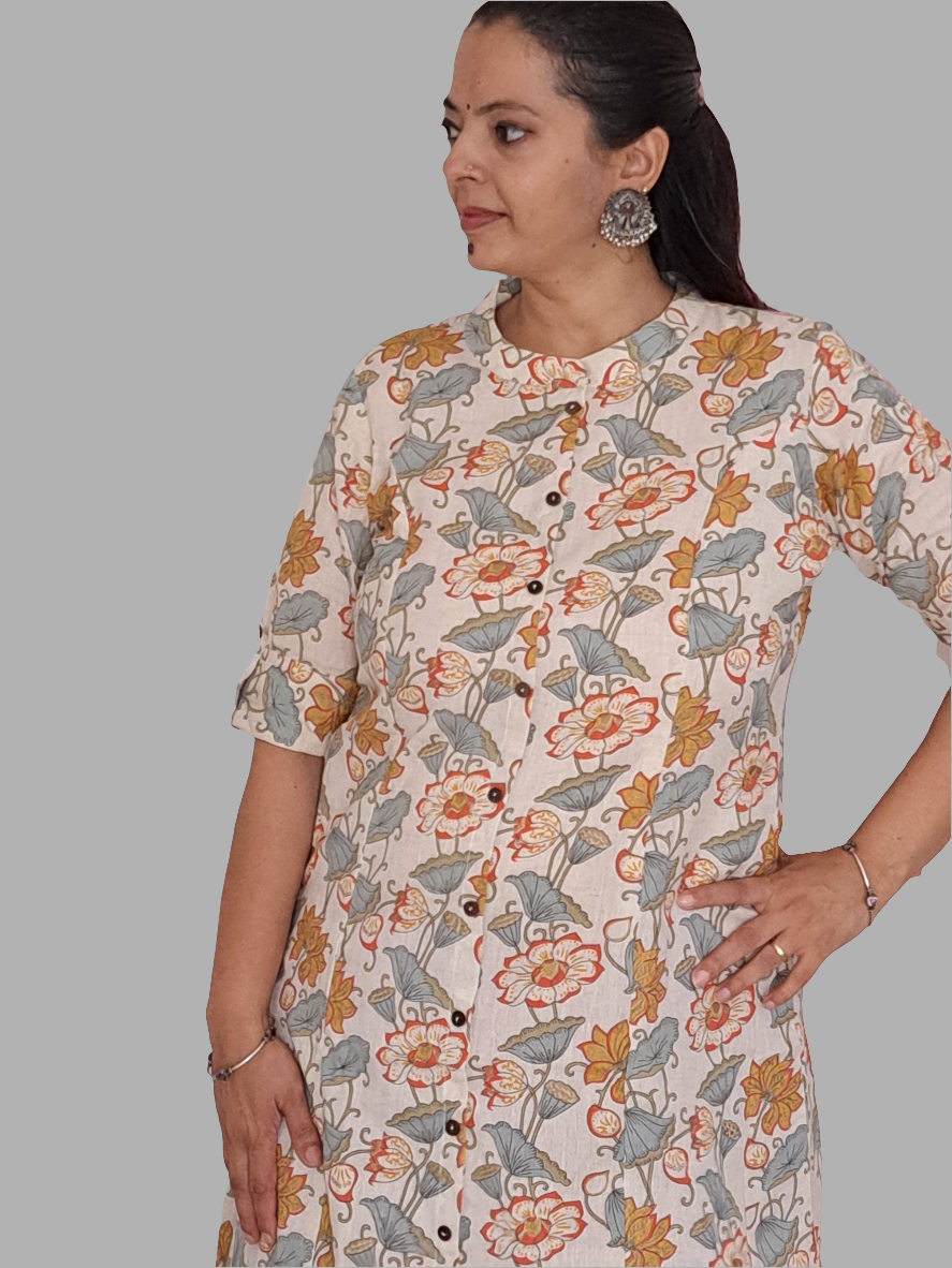 Tropical Blooms: Orange and Green Floral A-Line Cotton Flex Kurti