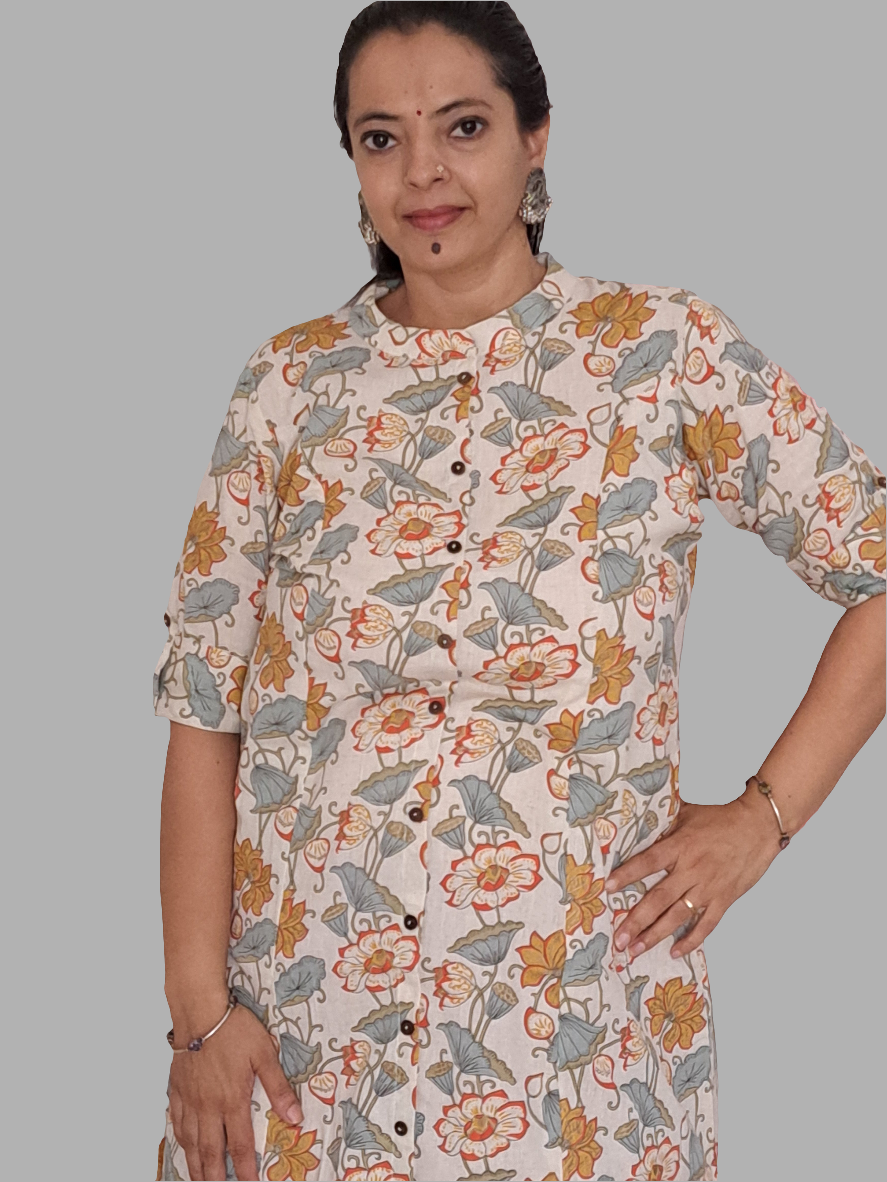 Tropical Blooms: Orange and Green Floral A-Line Cotton Flex Kurti