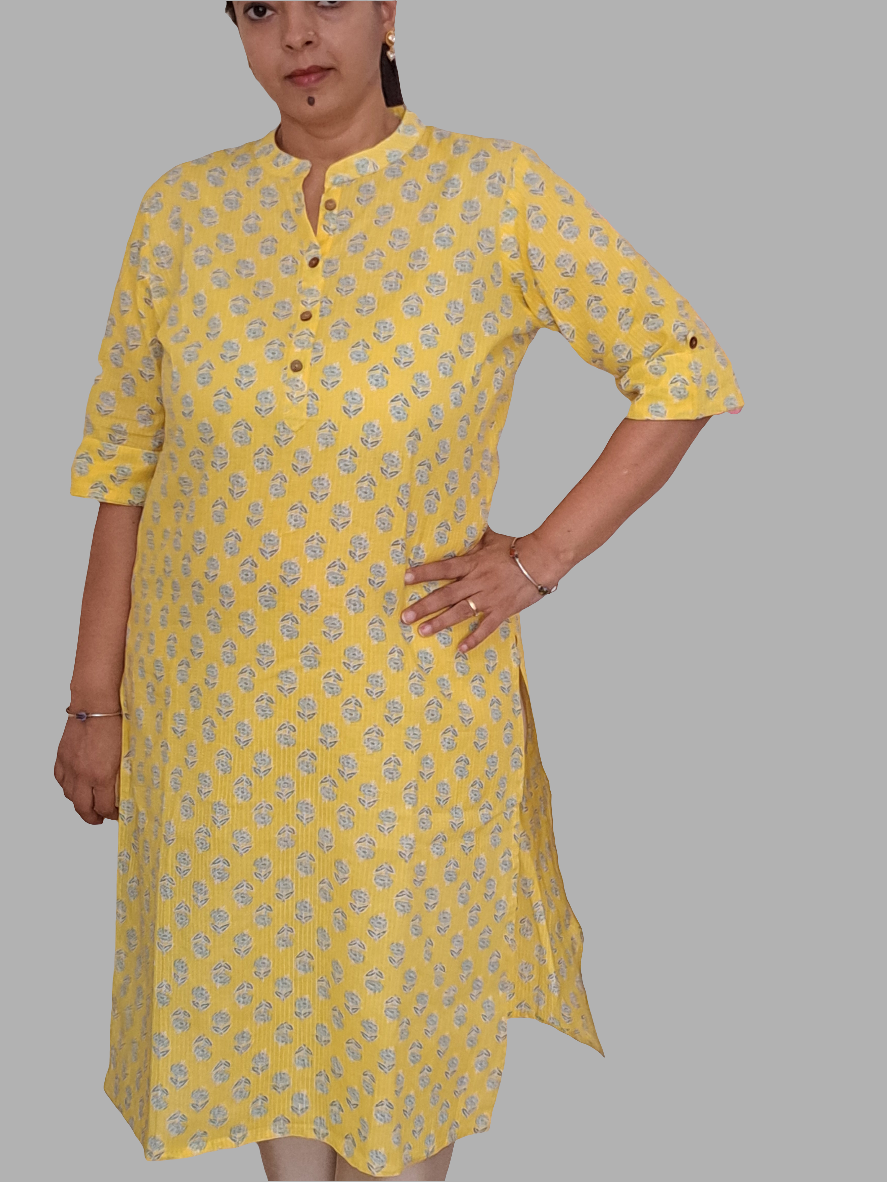 Golden Glow: Yellow Cotton Kurti with 3/4 Sleeve