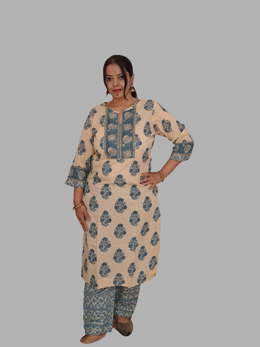 Serene Sky: Beige and Blue Soft Cotton Kurta Pant Set