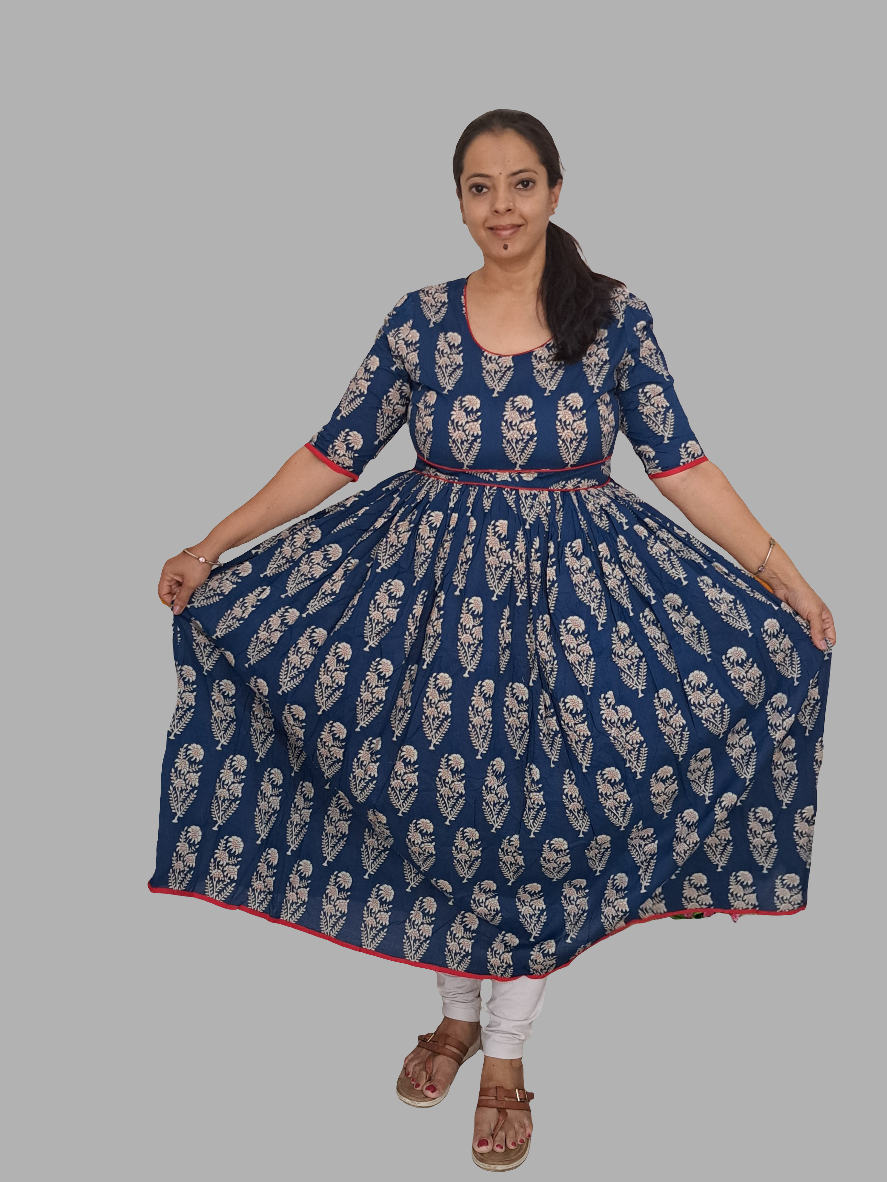 Rhapsody in Blue: Blue and Red Cotton Long Ethnic Dress with Side Pock IndiChic Rhapsody in Blue: Blue and Red Cotton Long Ethnic Dress with Side Pock IndiChic