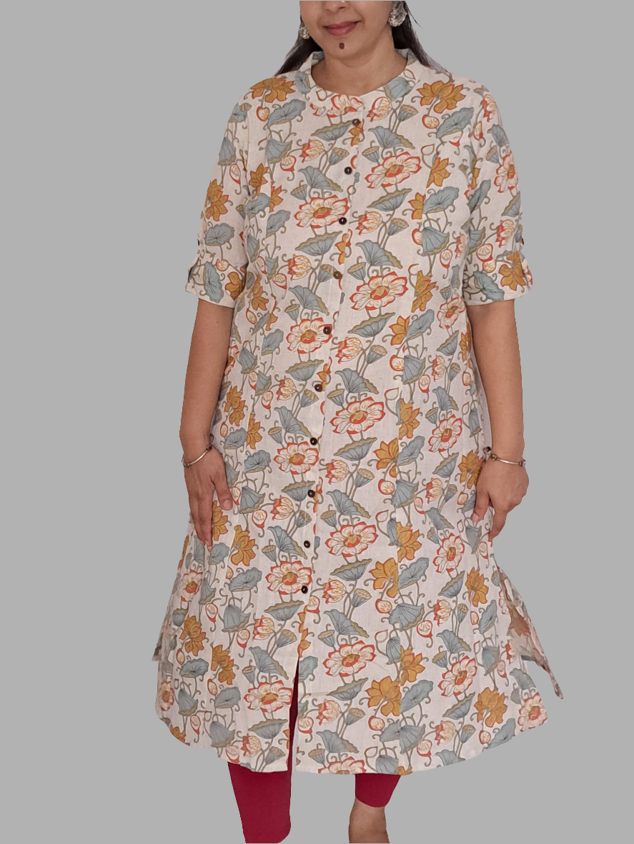 Tropical Blooms: Orange and Green Floral A-Line Cotton Flex Kurti