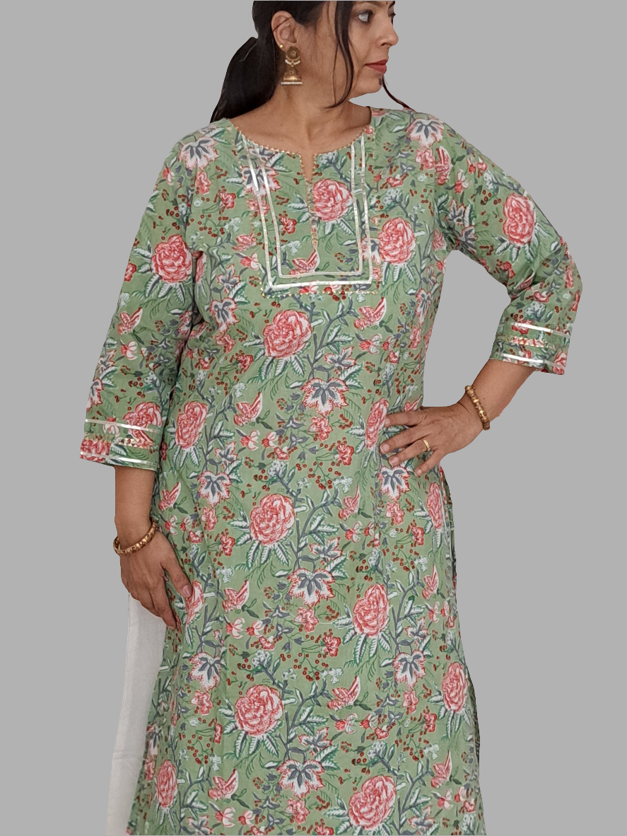 Floral Elegance: Pista Green Floral Cotton Kurta palazzo set with Gota Patti Work