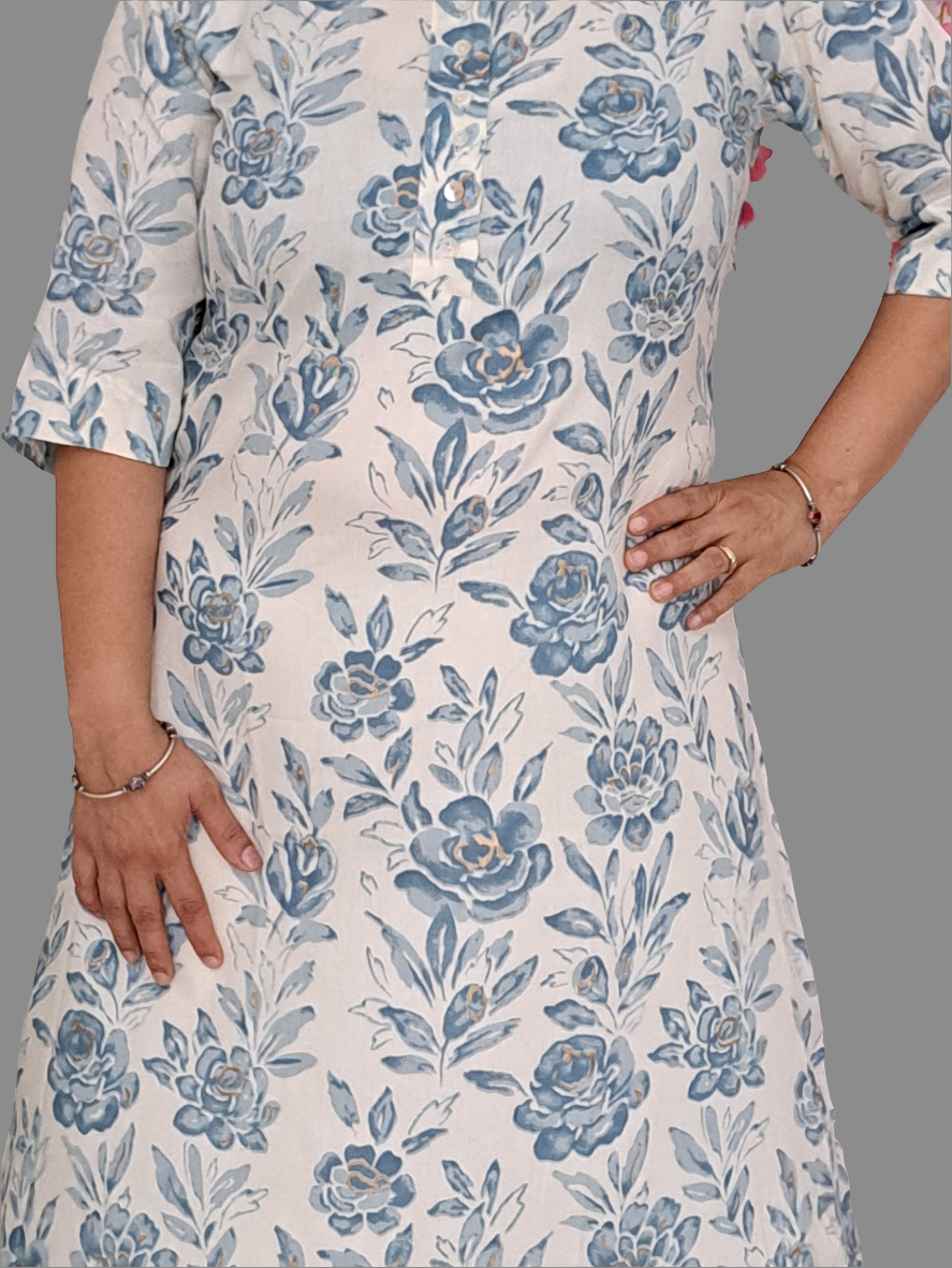 Azure Blossoms: White and Blue Floral Asymmetrical Cotton Kurti