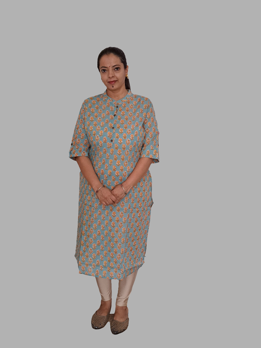 Minty Breeze: Sea Green Cotton Kurti with 3/4 Sleeve