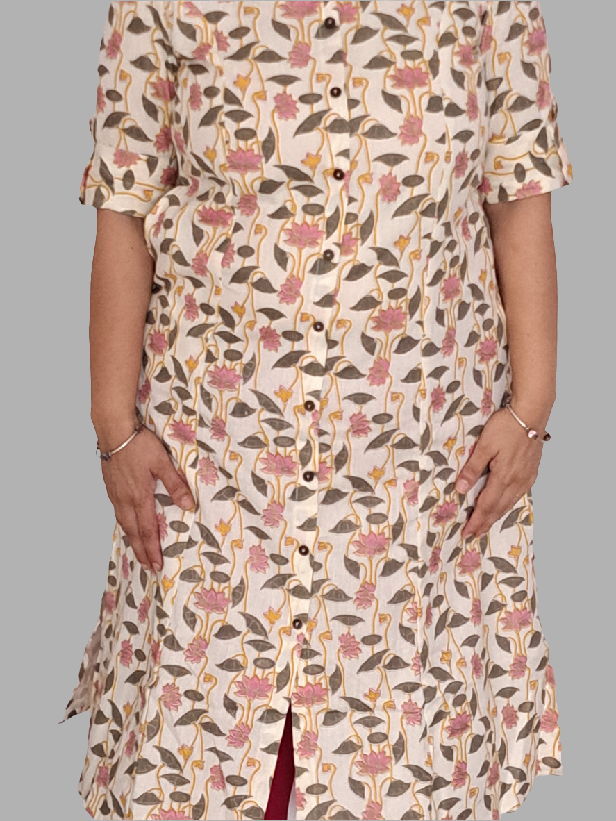 Graceful Harmony: Grey and Pink A-Line Cotton Flex Kurti