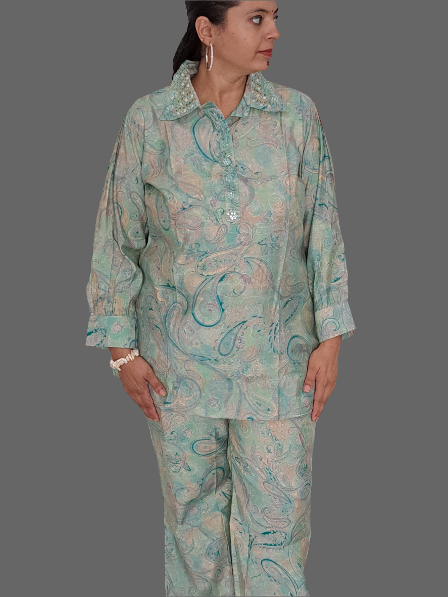 Azure Elegance: Sea Blue Muslin Co-ord Set with Embroidery