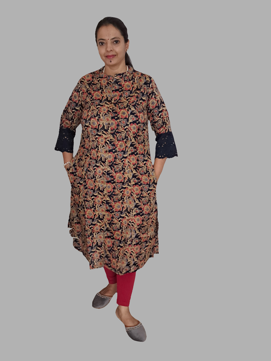 Royal Garden: Blue & Red Floral A-Line Kurti