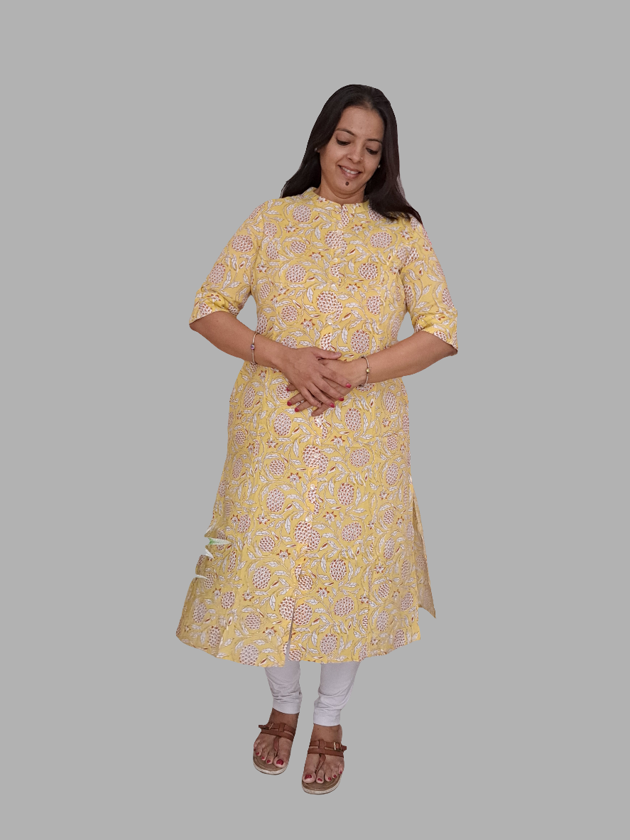 Sunshine Blooms: Yellow Floral Flax Cotton A-line Kurti with Side Pocket