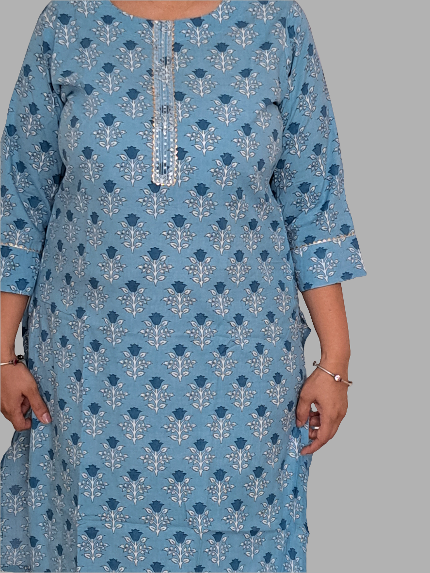 Sky Elegance: Sky Blue Cotton Kurti with Gotta Patti Work