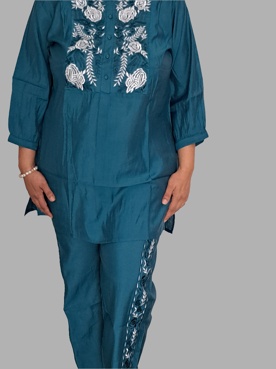 Teal Treasures: Embroidered Muslin Co-ord Set