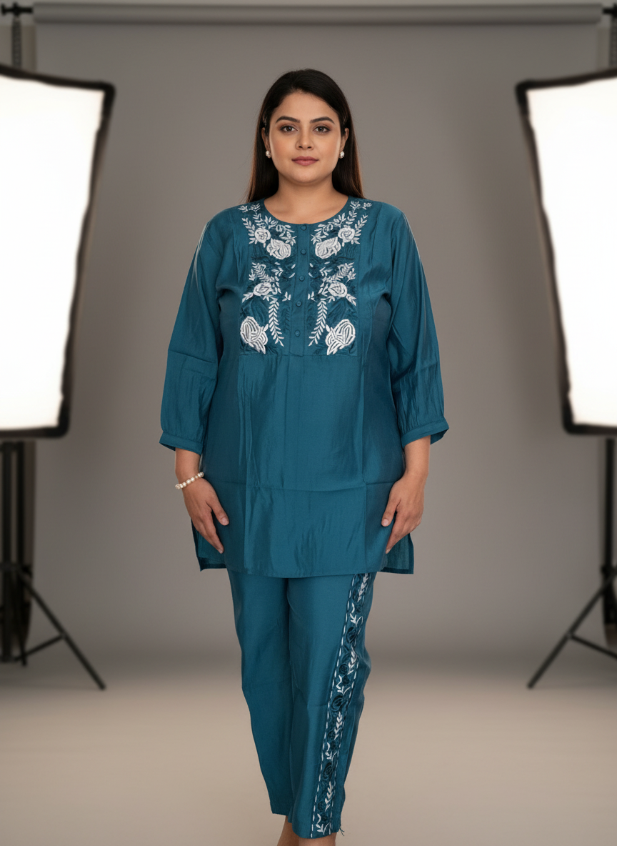 Teal Treasures: Embroidered Muslin Co-ord Set