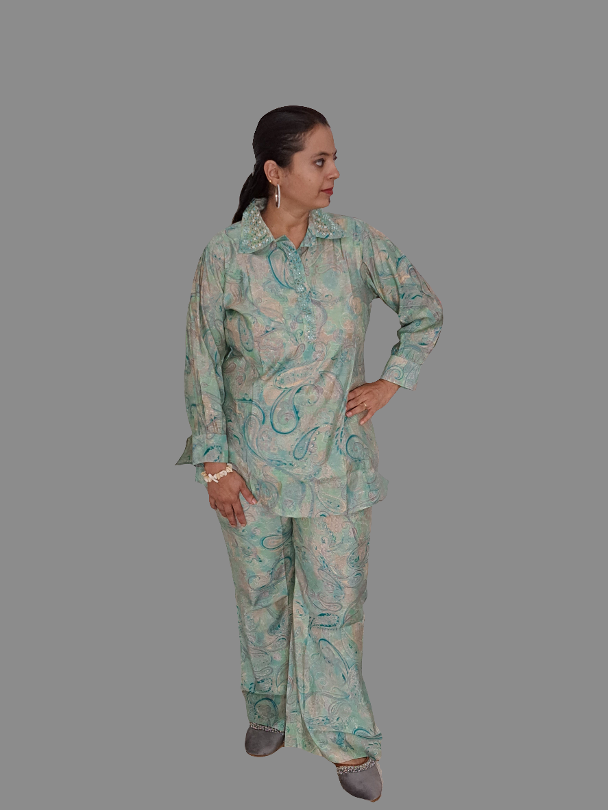 Azure Elegance: Sea Blue Muslin Co-ord Set with Embroidery