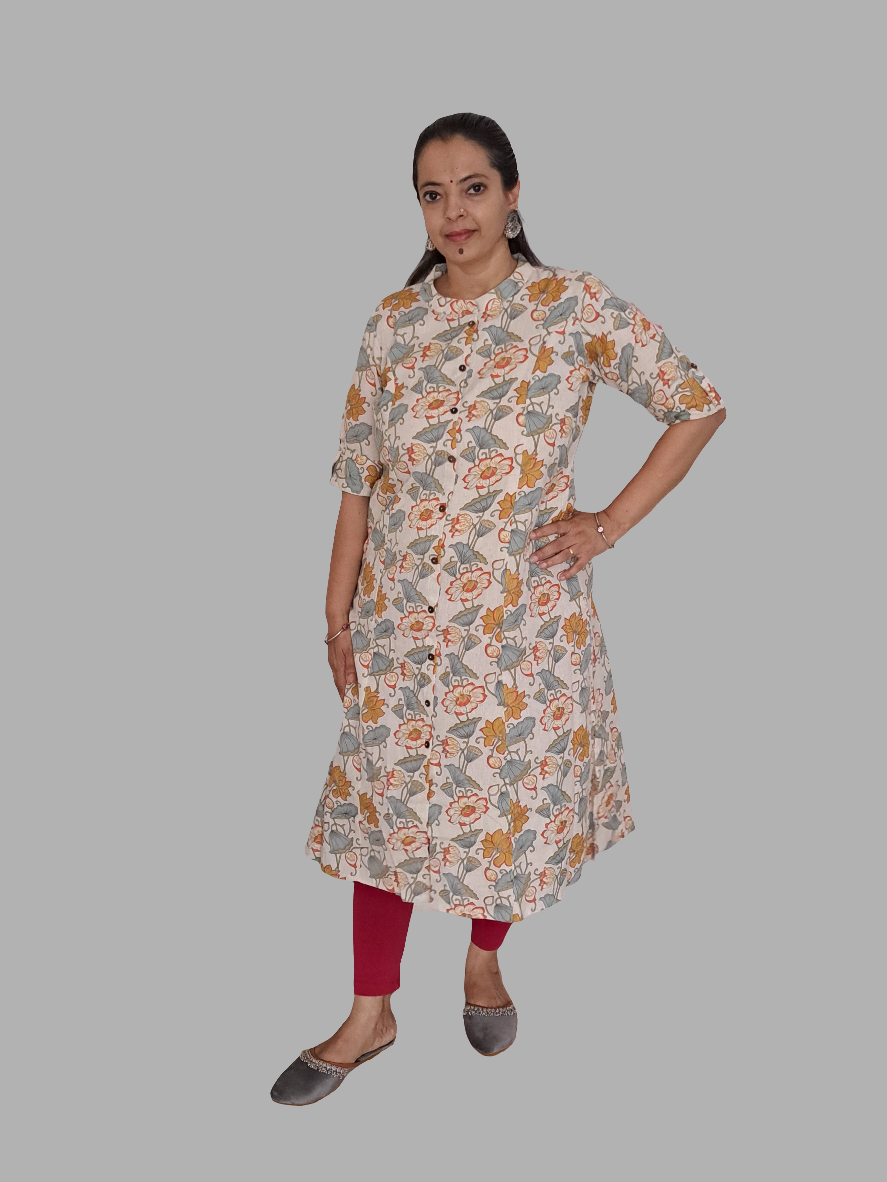 Tropical Blooms: Orange and Green Floral A-Line Cotton Flex Kurti