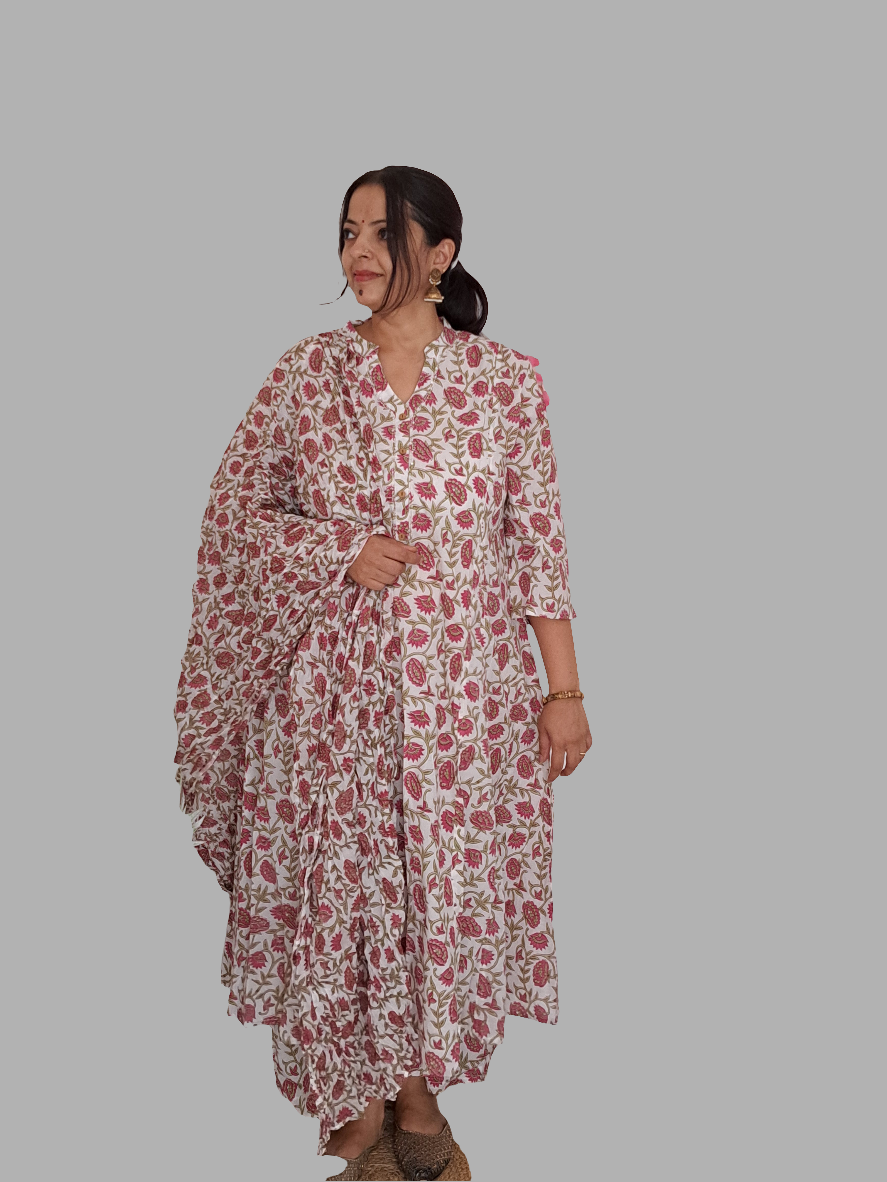 Crimson Elegance: White and Red Cotton Kurta Palazzo Dupatta Set with V Neck