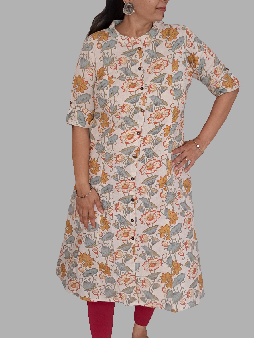 Tropical Blooms: Orange and Green Floral A-Line Cotton Flex Kurti