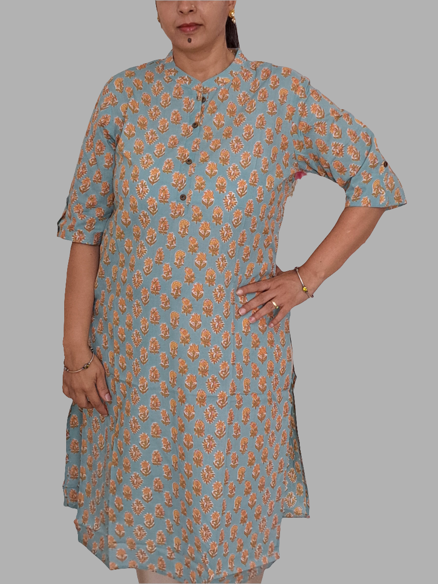 Minty Breeze: Sea Green Cotton Kurti with 3/4 Sleeve