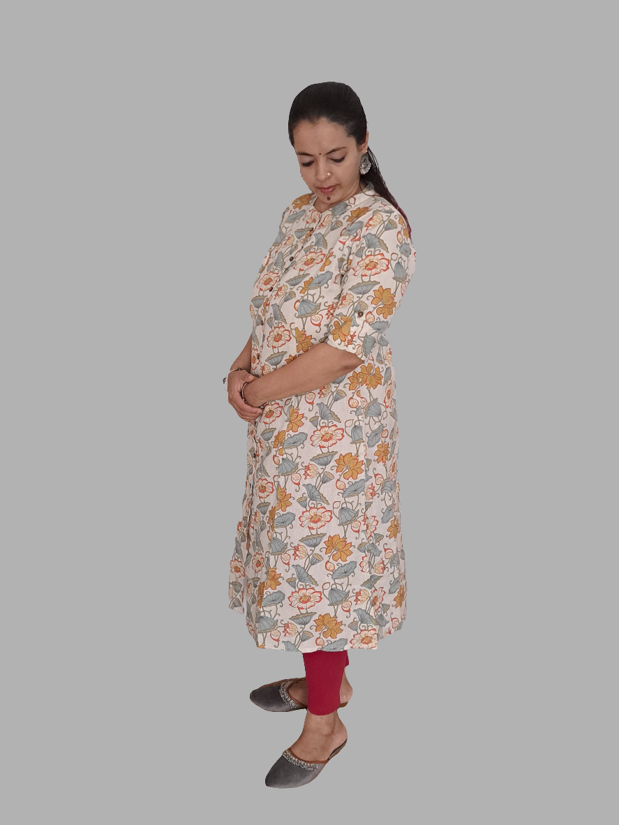 Tropical Blooms: Orange and Green Floral A-Line Cotton Flex Kurti