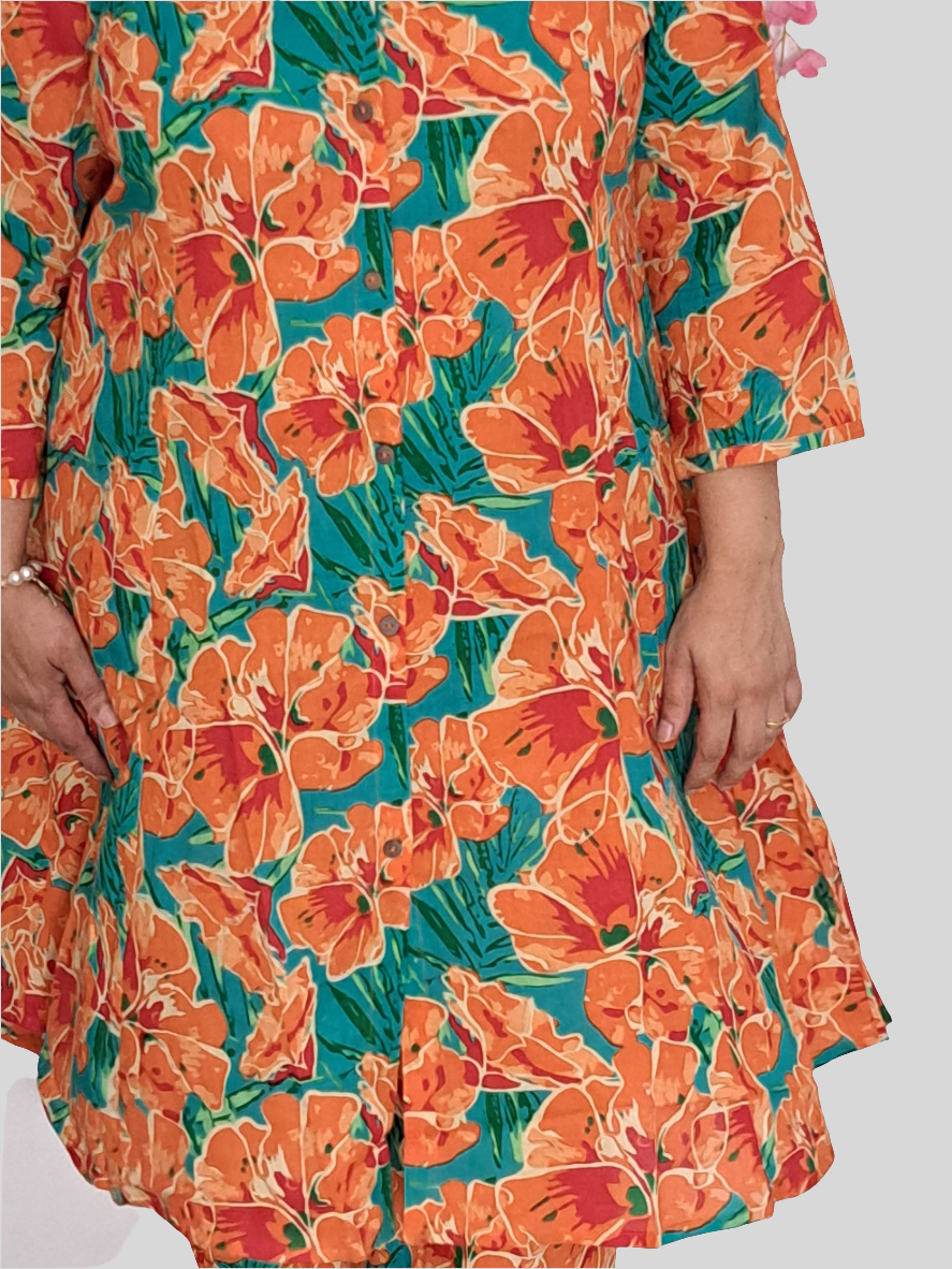 Citrus Charm: Floral Orange Cotton Co-ord Set