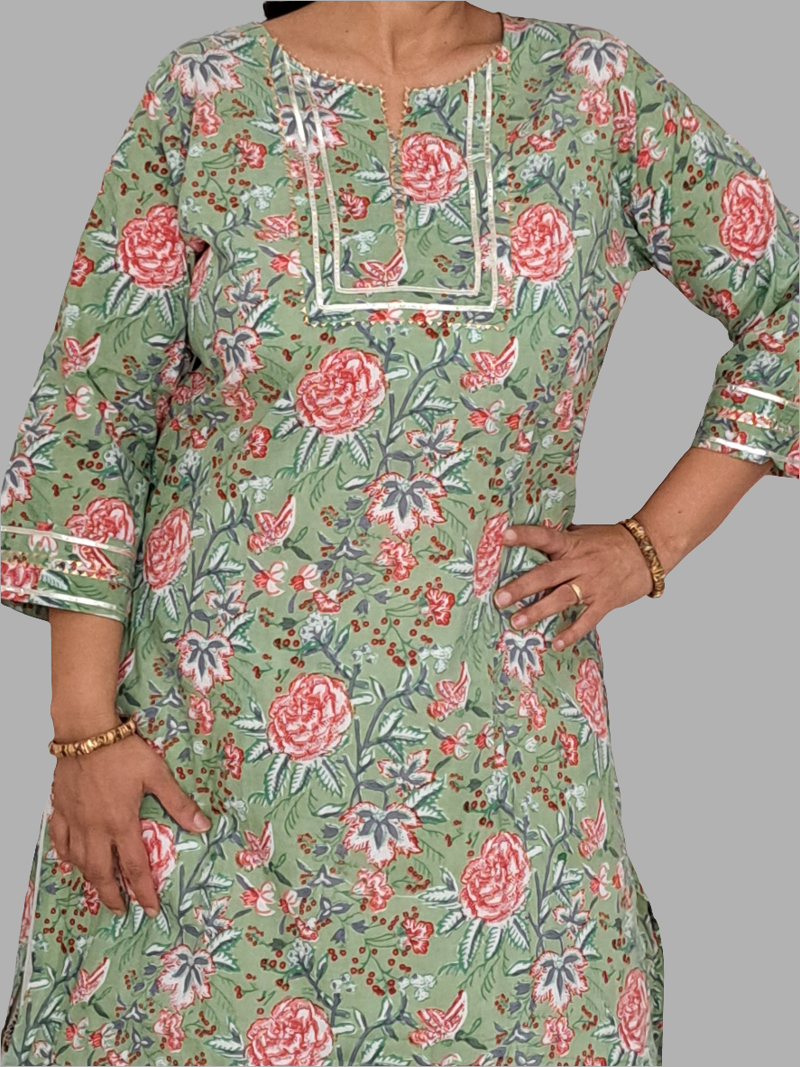 Floral Elegance: Pista Green Floral Cotton Kurta palazzo set with Gota Patti Work