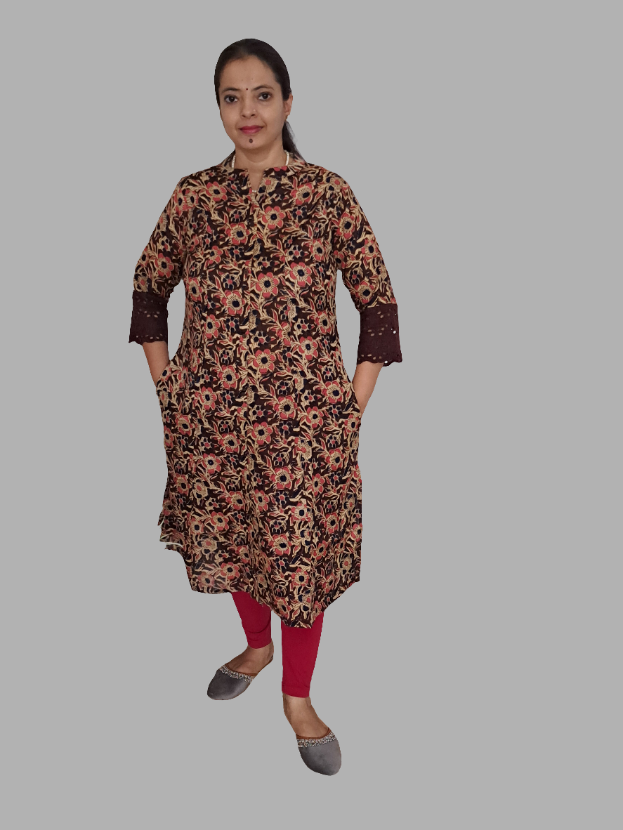 Nature's Hues: Brown & Blue Floral A-Line Kurti with pockets