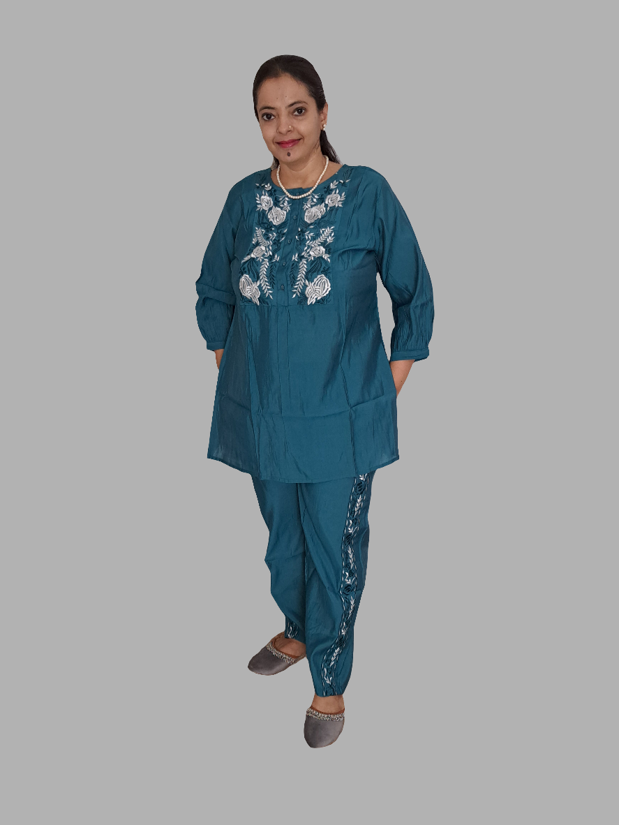Teal Treasures: Embroidered Muslin Co-ord Set