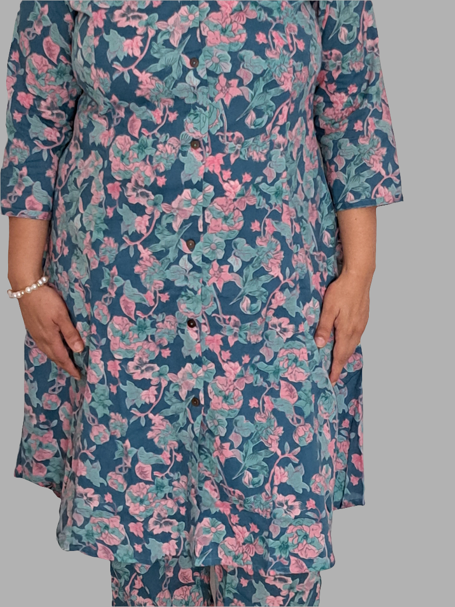 Floral Bliss: Blue & Pink Cotton Co-ord Set
