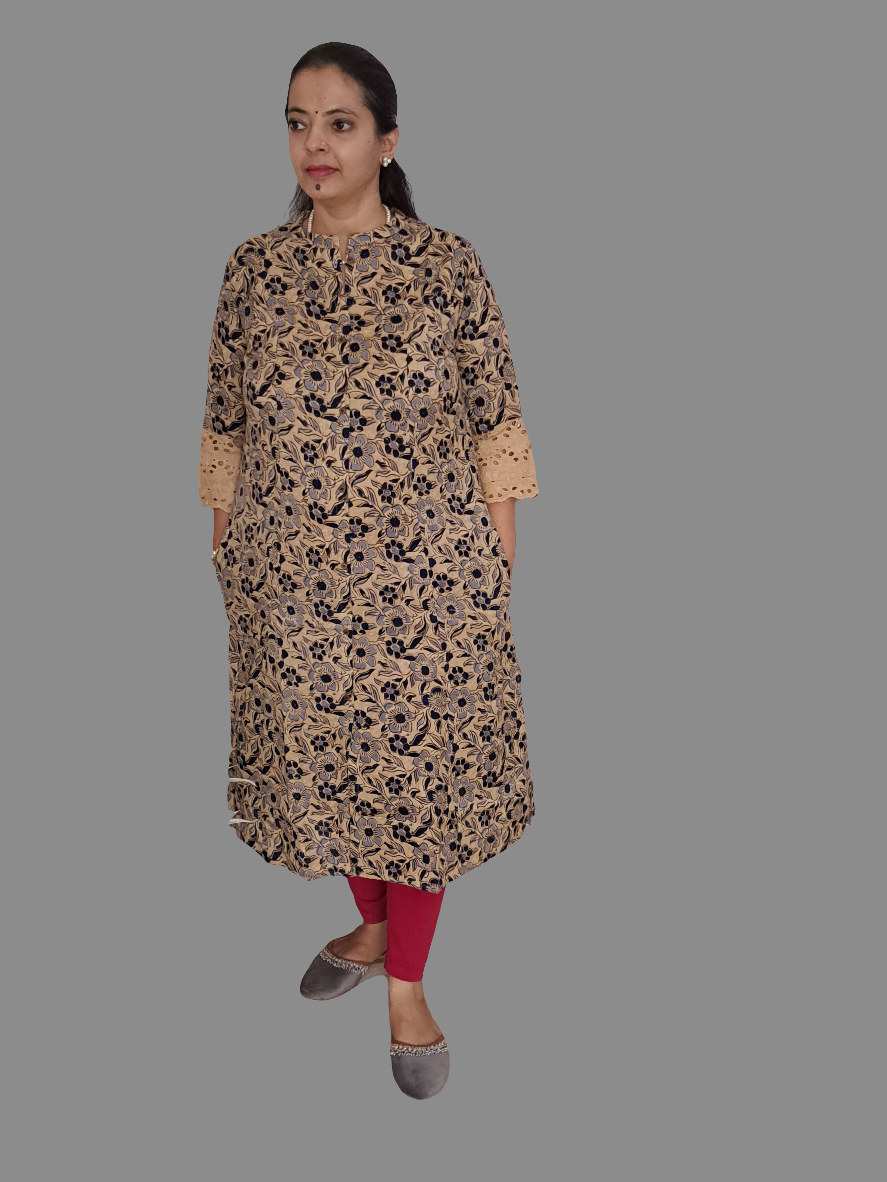 Breezy Botanics: Off White & Blue Floral A-Line Kurti with pockets