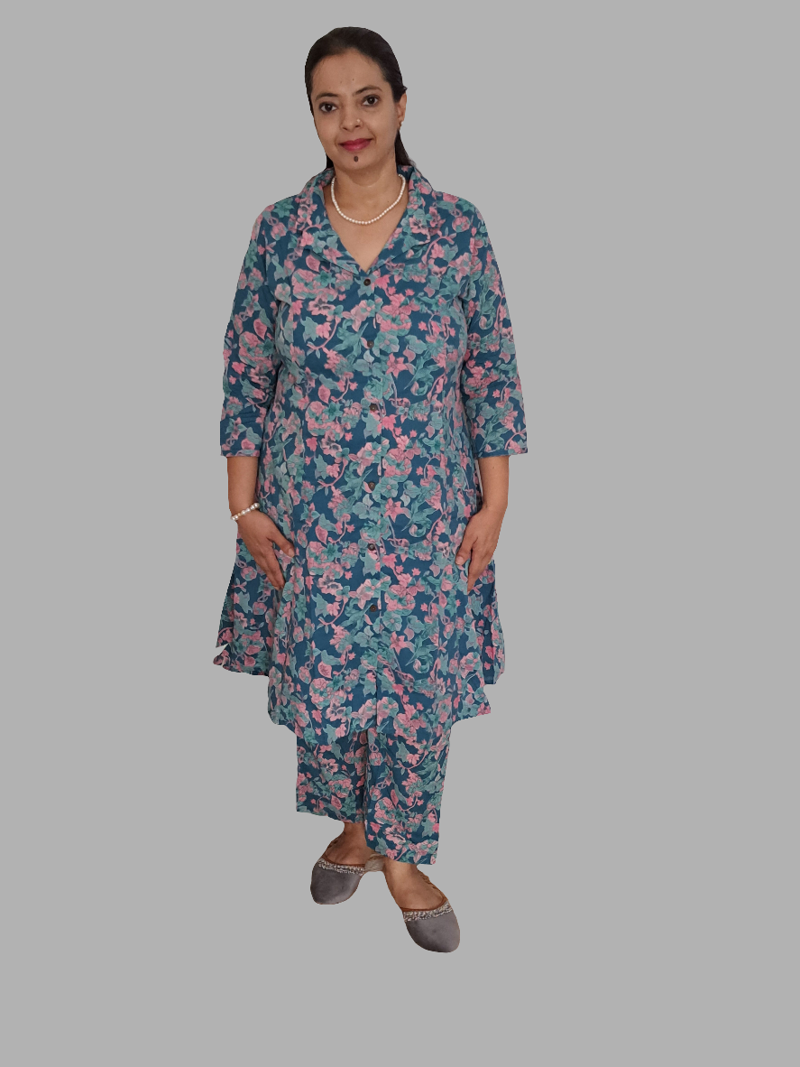 Floral Bliss: Blue & Pink Cotton Co-ord Set