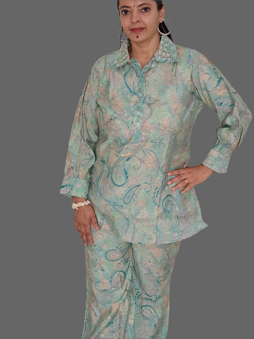 Azure Elegance: Sea Blue Muslin Co-ord Set with Embroidery